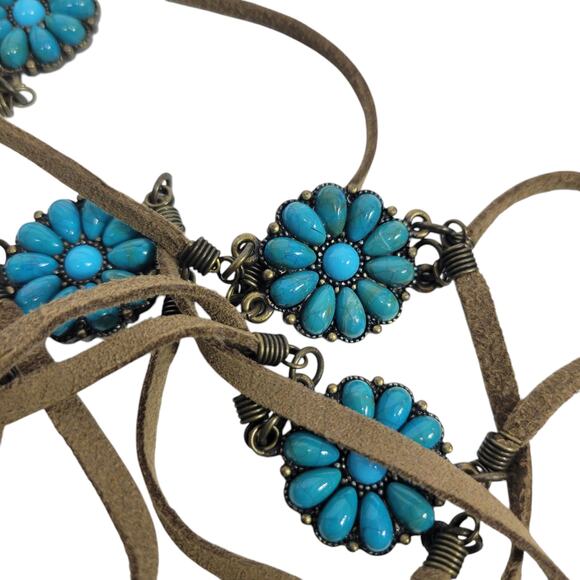 Vintage Turquoise Leather Chain Belt Western Cowgirl Medallion Concho One Size - Picture 2 of 14